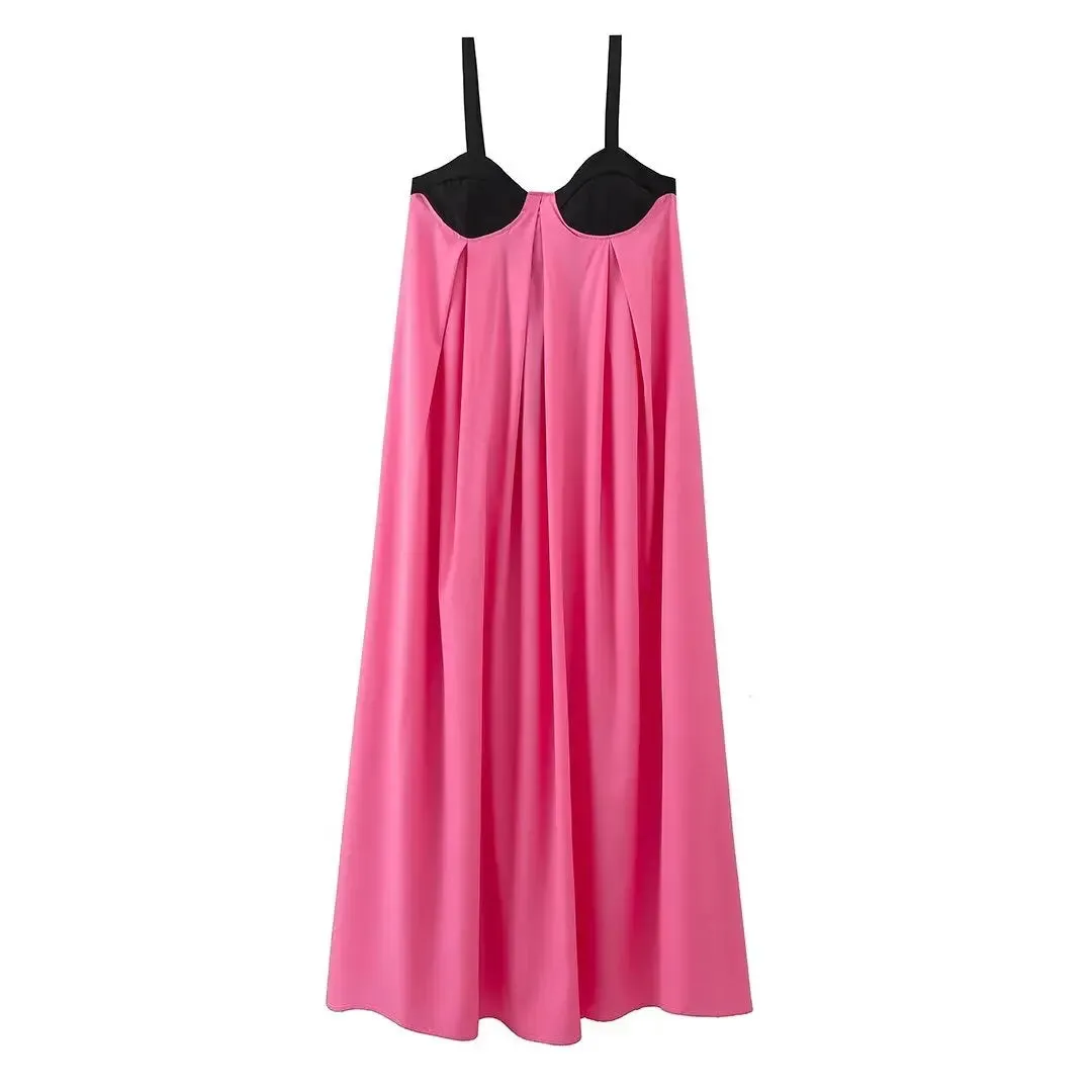 Backless Pink Sleeveless Loose Slip Panelled Bandage Maxi Dress