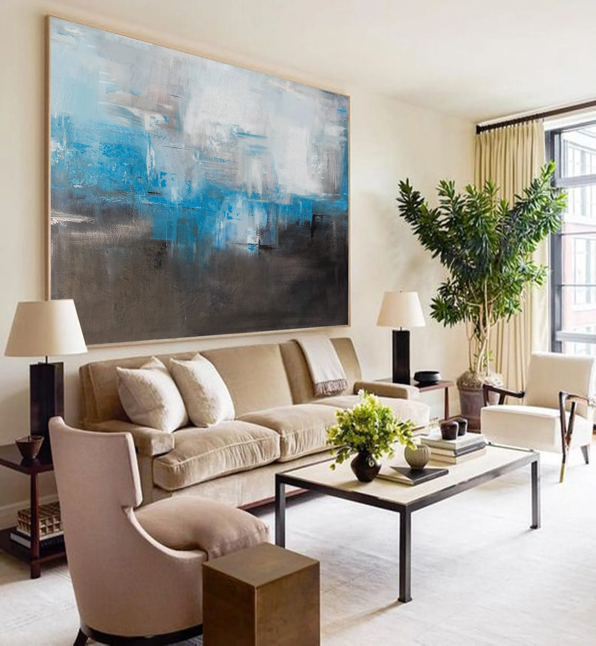 Blue And Gray Abstract Painting Black White Canvas Art Dp088