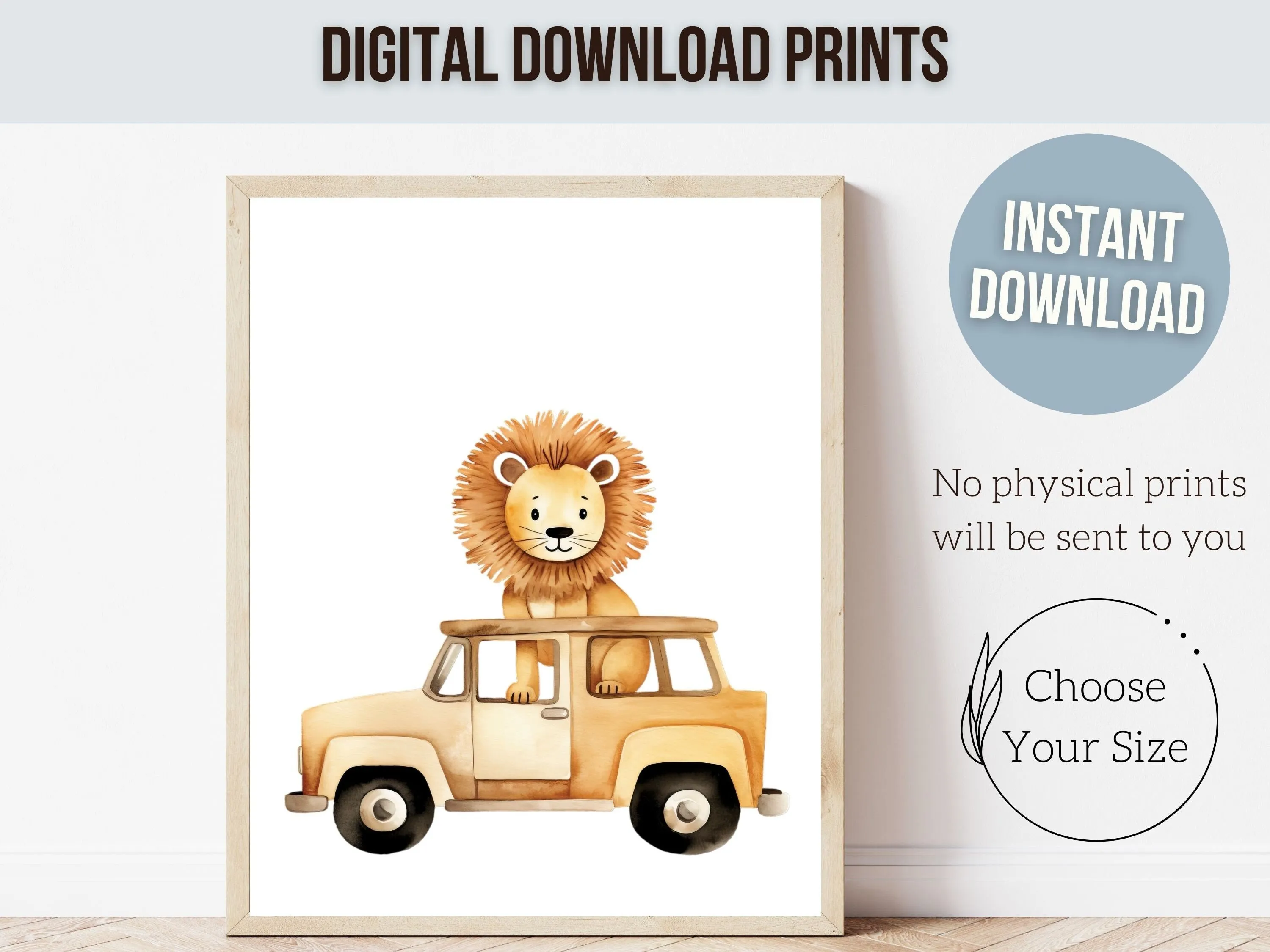 Safari Animal Car Nursery Prints - Set 3 - Personalised